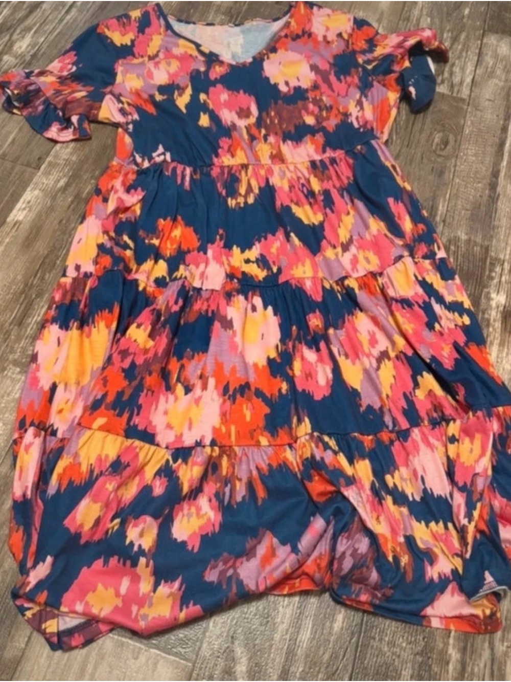 Women's Floral Tiered Midi Dress - Navy with Pink & Orange